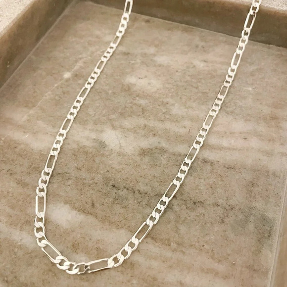 925 Sterling Silver Figaro Chain Necklace Flat Link Necklace 4 MM Links - Picture 2 of 7